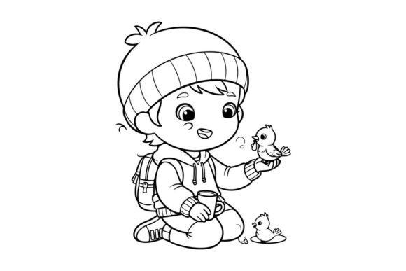 Cute Nurse Child Feeding Baby Birds Vect