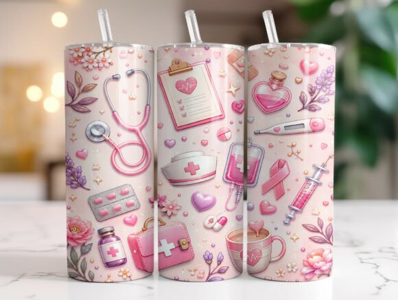 Pink Floral Nurse Tumbler Wrap PNG