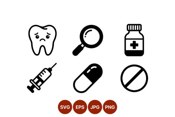 Sad Tooth Syringe and Pill Medical Icons